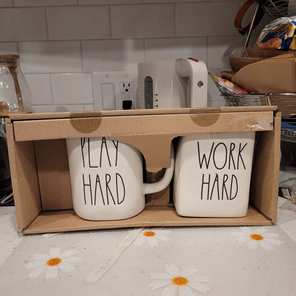Rae Dunn Cream Mug and Holder Set - Play Hard, Work Hard - Picture 2 of 6